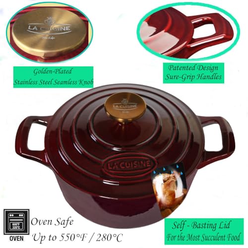 La Cuisine Enameled Cast Iron Dutch Oven Casserole Pot with Golden handle for Lid (6.5 QT Round / Cranberry)