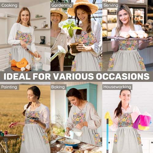Vintage Ruffle Pinafore Chef Apron Dress with 2 Pockets for Women Girls (Floral Beige)
