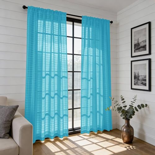 Check Sheer Curtains 96 Inches Long for Living Room (Check - Cyan Blue / 52"W x 96"L (Pack of 2))