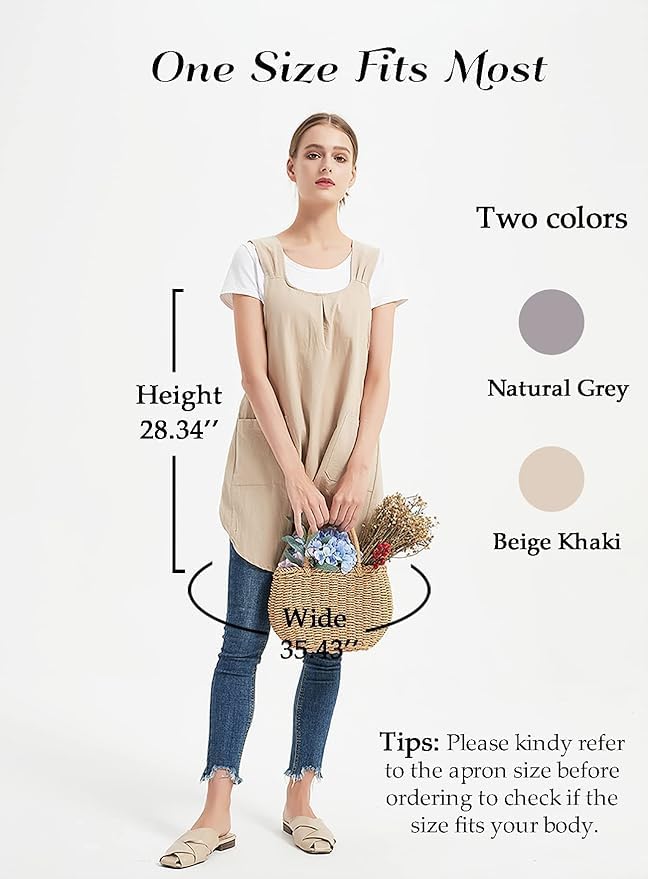 Japanese Apron for Women with 2 Roomy Pockets Linen Cross Back Aprons Cute Pinafore Dress For Kitchen Cooking Baking Work Gardening Painting Crafting (Beige)