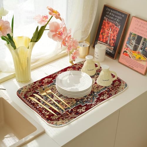 Burgundy Red Dish Drying Mat 18 x 24 inch Bohemian Rug Carpet Decorative Drying Mats Microfiber Absorbent Boho Dish Washable Draining Mat for Kitchen Counter Decor (18" x 24" / Burgundy Red Boho)