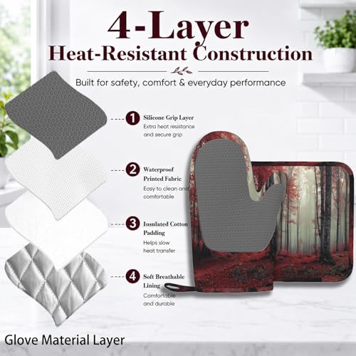 Forest Oven Mitts and Pot Holders Sets Red Trees Landscape Silicone Heat Resistant Kitchen Oven Gloves Pot Holder for Cooking Baking Grilling BBQ (Forest)