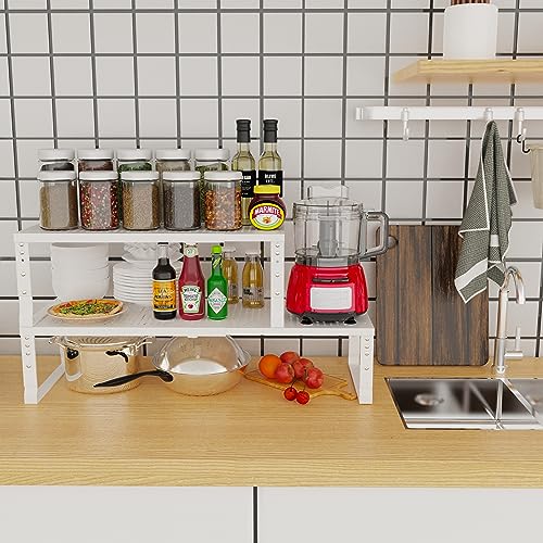 Expandable Adjustable Stackable Kitchen Organizer (1 Pack/White / 7.87"D x 16.6"~26.5"W x 6.1"/7.5"H)