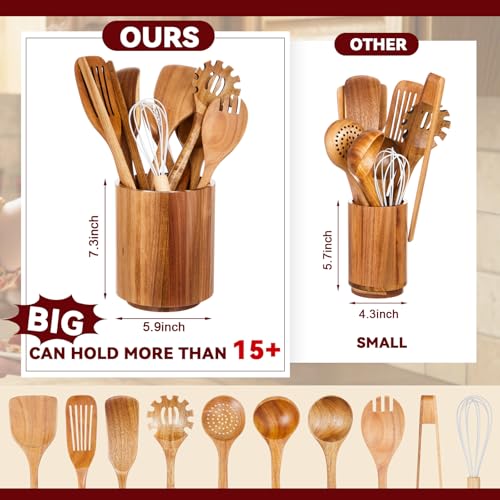 11 Pcs Acacia Wood Kitchen Utensil Set with 360° Rotating Holder (Natural / Straight)