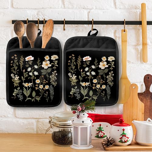 Dark Floral Botanical Pot Holders with Pockets (Wildflower-a)