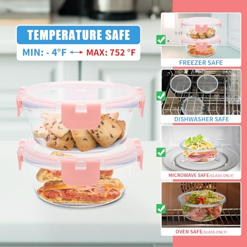 12pack 13oz Small Glass Food Storage Containers with Lids (13oz,12 Pack-Pink Set,Same Size)