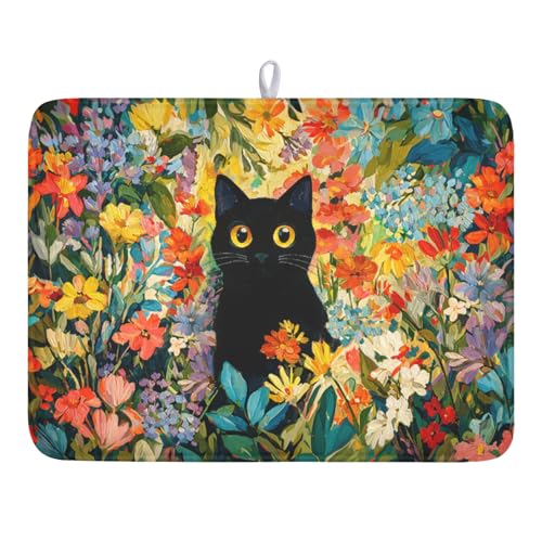 Spring Summer Floral Cat Dish Drying Mat for Kitchen Counter Abstract Oil Painting Wildflower Microfiber Dish Drainer Mat Rustic Absorbent Washable Drying Pad Extra Large 18"x24" (Colorful Floral / 24" x 18")