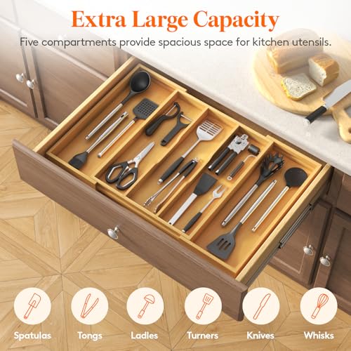 Bamboo Utensil Organizer for Kitchen Drawer (Natural / 15.6~28''W x 18.5'' D)