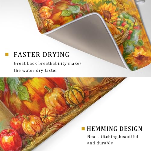 Vintage Fall Autumn Dish Drying Mat 18"x24" Large Rustic Pumpkin Sunflower Bird Dish Drainer Mats Thanksgiving Farmhouse Reversible Dish Drying Pad for Kitchen Countertop Dining Room (24" x 18")