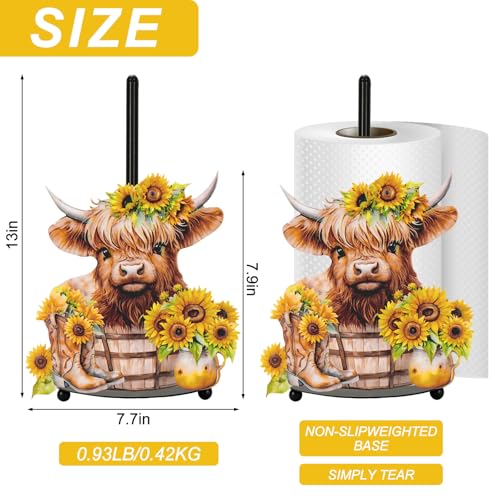 Highland Cow Sunflower Paper Towel Holder Watercolor Floral Cattle Large Metal Towel Holder Stand for Farmhouse Home Kitchen Bathroom Countertop Decor Accessories (Highland Cow)