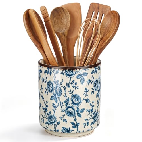 Rustic Ceramic Utensil Holder Blue Rose 5.5" (Blue Rose / 5.5" / Rustic)