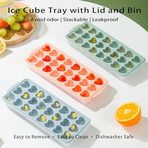 Heart Shaped Ice Cube Trays With Lid and Bin (Pink with lid and bin)