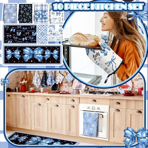 10 Pcs Blue Bow Kitchen Decor Set Dish Towels Kitchen Rugs Oven Mitts and Pot Holders for Cooking Baking Grilling Women Mom Gift (Bright Blue, Black / Bow)