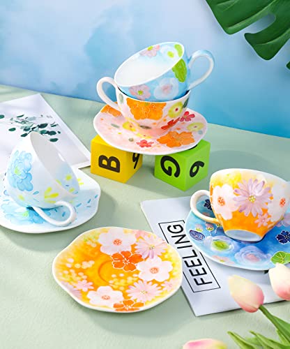 Flower Coffee Mug with Saucer Set Ceramic Tea Cup Flower Mugs for Women 8 oz (Orange Bulbous Orchids)