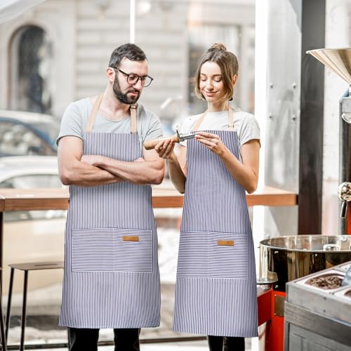 2 Pack Adjustable Bib Apron with 2 Pockets Chef Cooking Kitchen Restaurant Aprons for Women Men (Blue Pinstripes)