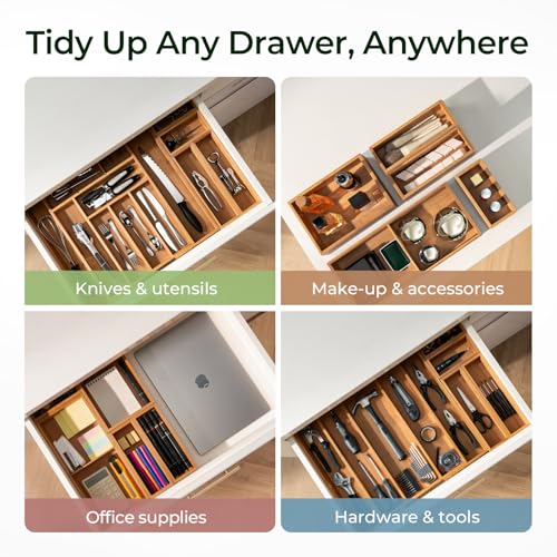 6 Piece Bamboo Drawer Organizer Set (Bundle: 10 Slots (Expandable) + 5 Pc Set)