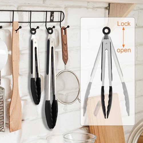 2 Pack Black Premium Stainless Steel Heat Resistant Kitchen Tongs for cooking (9''+12'' / Black)
