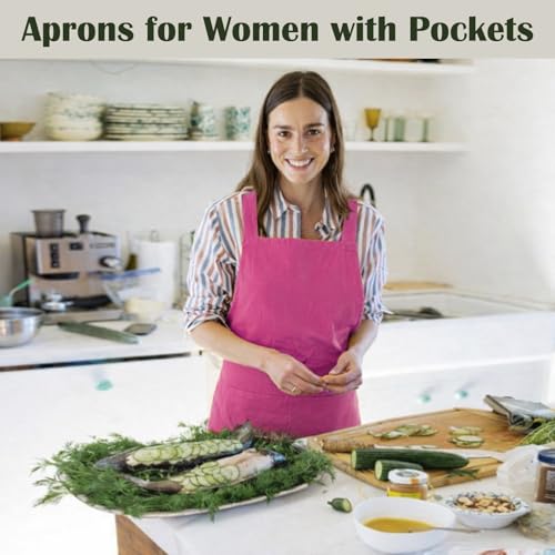 Apron for Women with Pocket Cotton Linen (Purplered / Large)