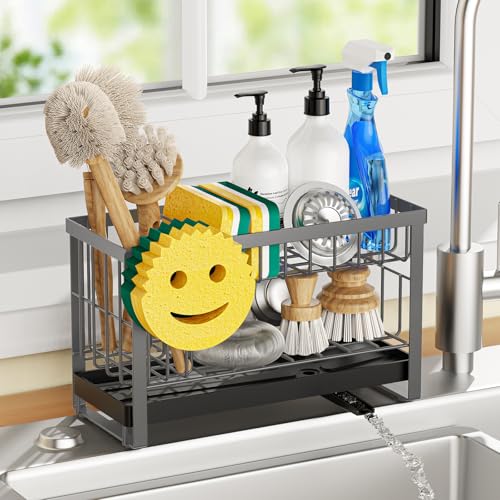 Sponge Holder for Kitchen Sink with Flexible Smiley Face (2 Tier Gray)