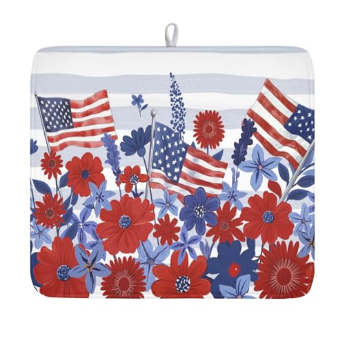 Patriotic Floral Dish Drying Mat for Kitchen Counter 4th of July American Flag Microfiber Dish Drainer Mat Red and Blue Flower Absorbent Washable Drying Pad 16"x18" (Patriotic Floral Flag / 18" x 16")
