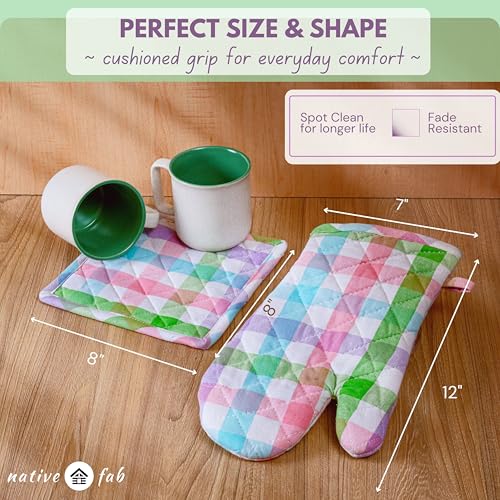 4 Piece Set Gingham Check 2 Oven Mitts & 2 Potholders (Gingham Pastels)