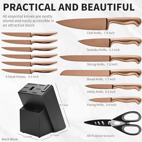 15 Piece Rose Gold Knife Block Set with Sharpener (Rose Gold)