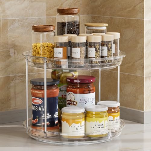 2 Pack 2 Tier Lazy Susan Turntable Organizer 9.25'' Rotating Spice Rack Organization for Cabinet (Clear / 9.25in 2 Pack)