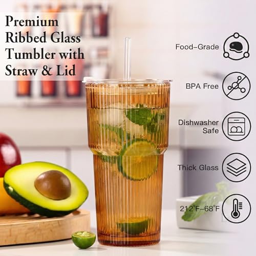 6PCS Ribbed Glass Cups with Lids and Straws (Colored-6)