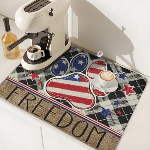 4th of July Dish Drying Mat 24x18 Inch (Patriotic Cute Black Blue Red / 24" x 18")