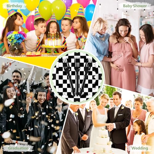75 Pcs Black Checkered Paper Plates and Napkins&Forks for Party (Black Checkered 75 Plates Set / 7-inch Set)