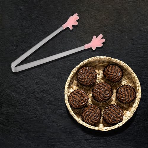 Mini Food Tongs 5.5" Pattern Shape Stainless Steel with Silicon Tips Small Cooking Tongs Kitchen Food Tongs Serving Tongs for Cooking Grilling BBQ Barbecue Kitchen (Pink)