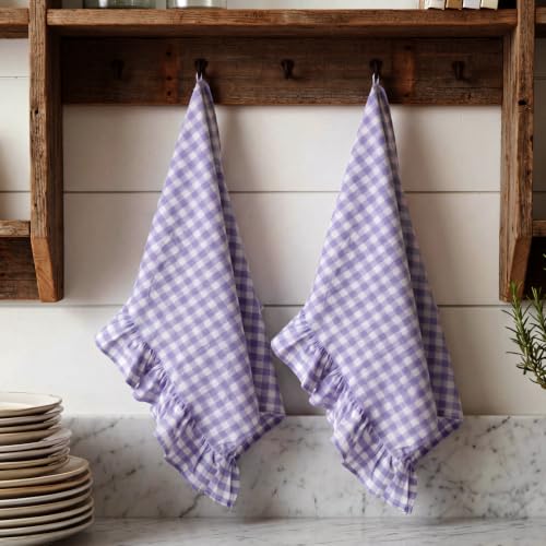 2 Pcs Purple Gingham Kitchen Towels Cotton Ruffled (Purple / Gingham)