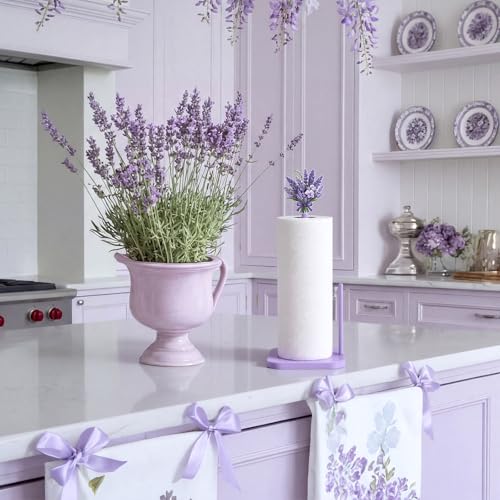 Lavender Paper Towel Holder Farmhouse Lavender Flower Wooden Paper Towel Holder Purple Cute Bathroom Countertop Accessories Kitchen Roll Stand Organizer Apartment Decor Housewarming Gift (Purple Lavender)