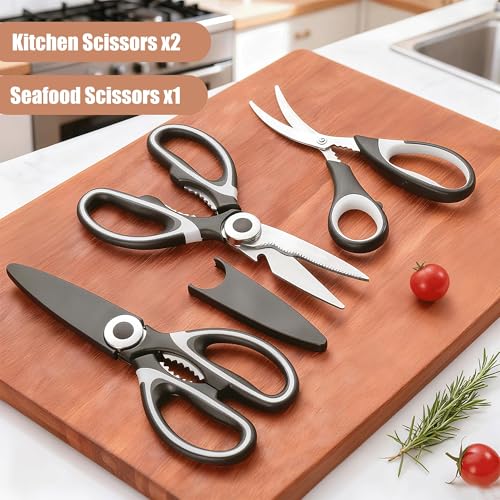 3 Pack Kitchen Scissors & Seafood Scissors Set (Black & White)