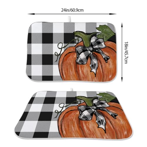 Fall Dish Drying Mat 18 x 24 Inch Thanksgiving Buffalo Plaid Pumpkin Drying Mat for Kitchen Counter Absorbent Farmhouse Autumn Orange Pumpkin Dishes Dry Pad for Drainer Rack Kitchen Fast Dry (Buffalo Plaid Pumpkin / 18" x 18")