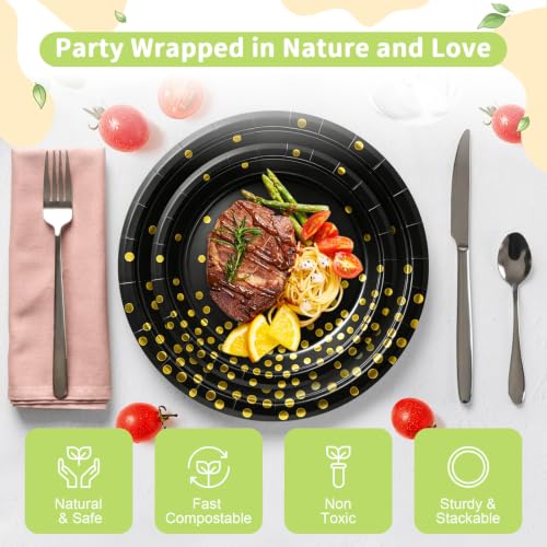 Black and Gold Paper Plates (Black Gold Dot / 50 Count (25-9" & 25-7"))