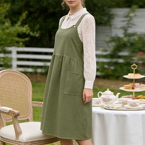 Vintage Apron for Women with Pockets Adjustable Straps for Kitchen (Green)