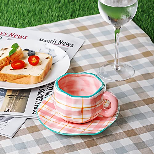 Pink Coffee Mug Cute Cup with Saucer Set for Women 10 oz (Pink Lattice)