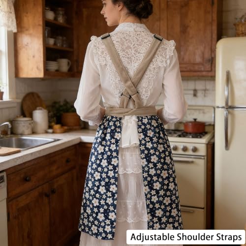 Pinafore Apron Dress for Women Adjustable Flower Work Aprons for Kitchen Cooking Baking Gardening with Pockets (Navy)