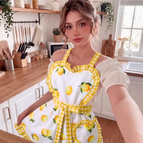 Yellow Lemon Apron for Women Ruffle Cross Back with Pockets (Yellow Lemon)
