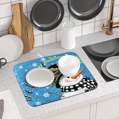 Christmas Snowman Dish Drying Mat for Kitchen Counter 16x18 Blue White Snowflake Welcome Winter Holiday Absorbent Reversible Microfiber Drying Mats Kitchen Countertop Protector Dishes Drainer Rack Pad (16" x 18")