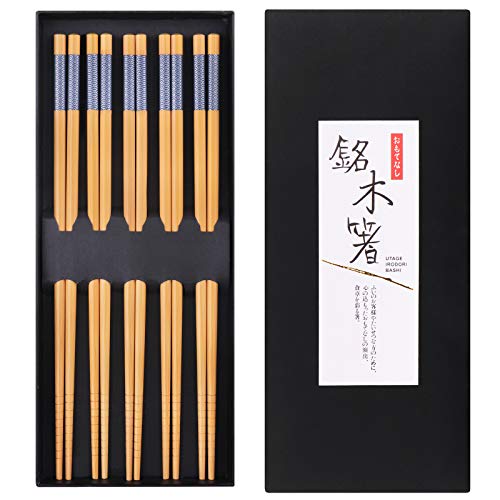 Reusable Chopsticks Japanese Natural Bamboo Classic Style 5 Pairs Lightweight Safe Chop Sticks 8.8 Inch (Blue Fish)