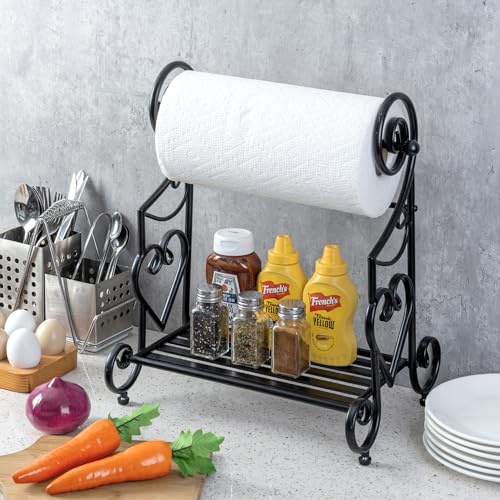Black Metal Paper Towel Holder with Heart Scroll Shelf Rack (Black)