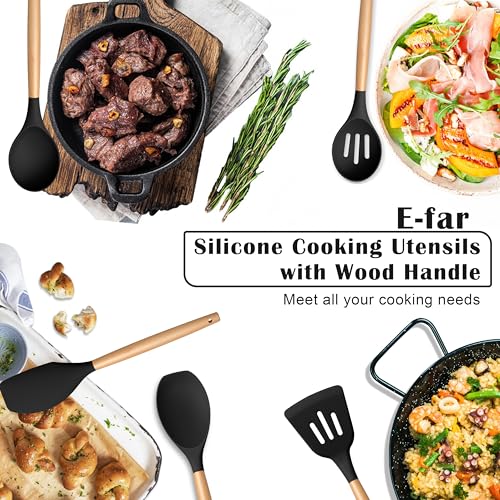 Silicone Cooking Utensils Set with Heat Resistant Wood Handle (5 / Black)