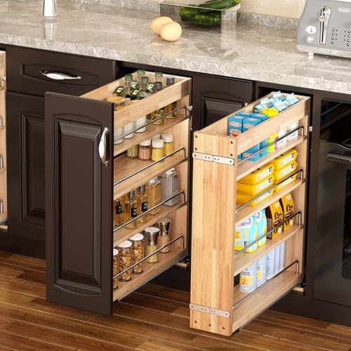 4 Tier Pull Out Spice Rack Holder Shelves (6.5" W x 22" D Wood (4 tier))
