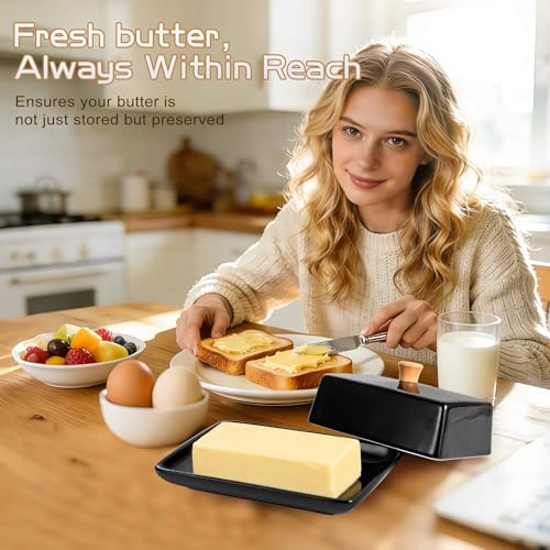 Ceramic Black European Butter Dish with Lid for Countertop (Black / 7 Inch)