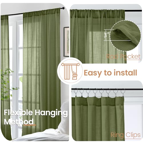 Olive Green Linen Curtains 63 Inches Long for Living Room (Olive Green / 52"W x 63"L (Pack of 2))