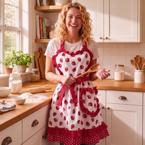 Red Strawberry Apron for Women Ruffle Cross Back with Pockets (Red Strawberry)