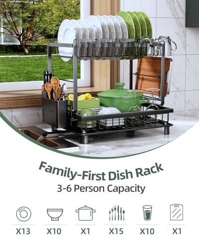 2 Tier Dish Drying Rack for Kitchen Counter (Black)