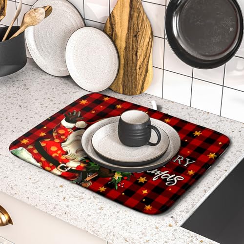 Merry Christmas Santa Claus Red Buffalo Plaid Dish Drying Mat for Kitchen Counter (16" x 18")